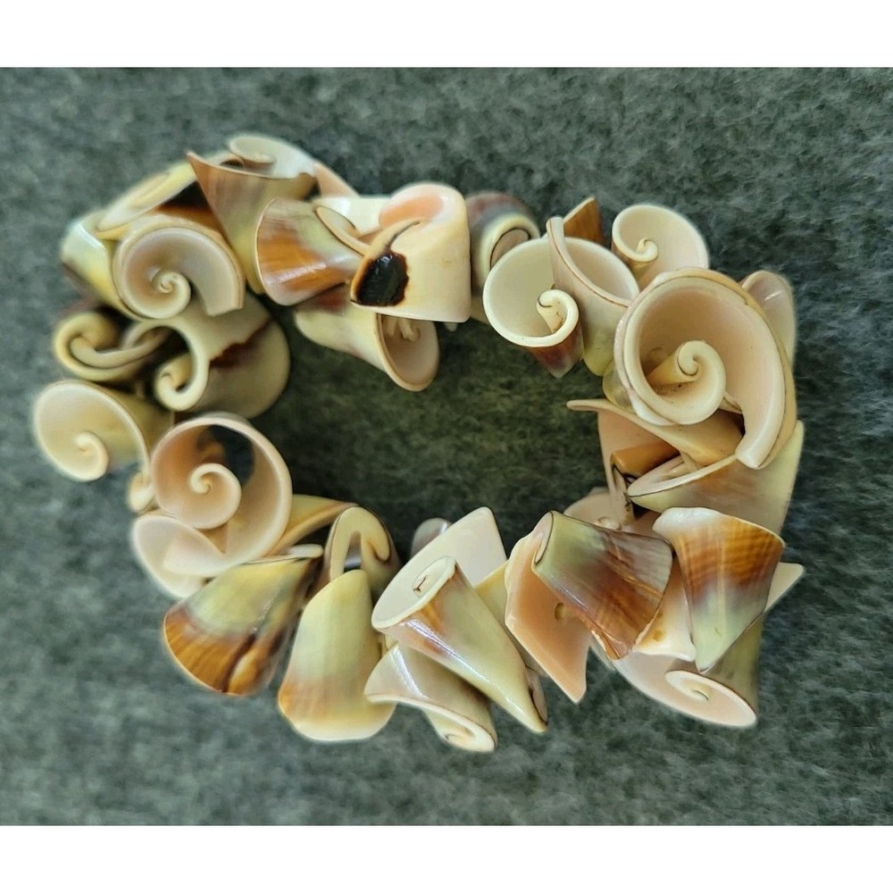 Natural Seashell Curl Stretch Bracelet Spiral Shell Cluster Boho Beach Statement